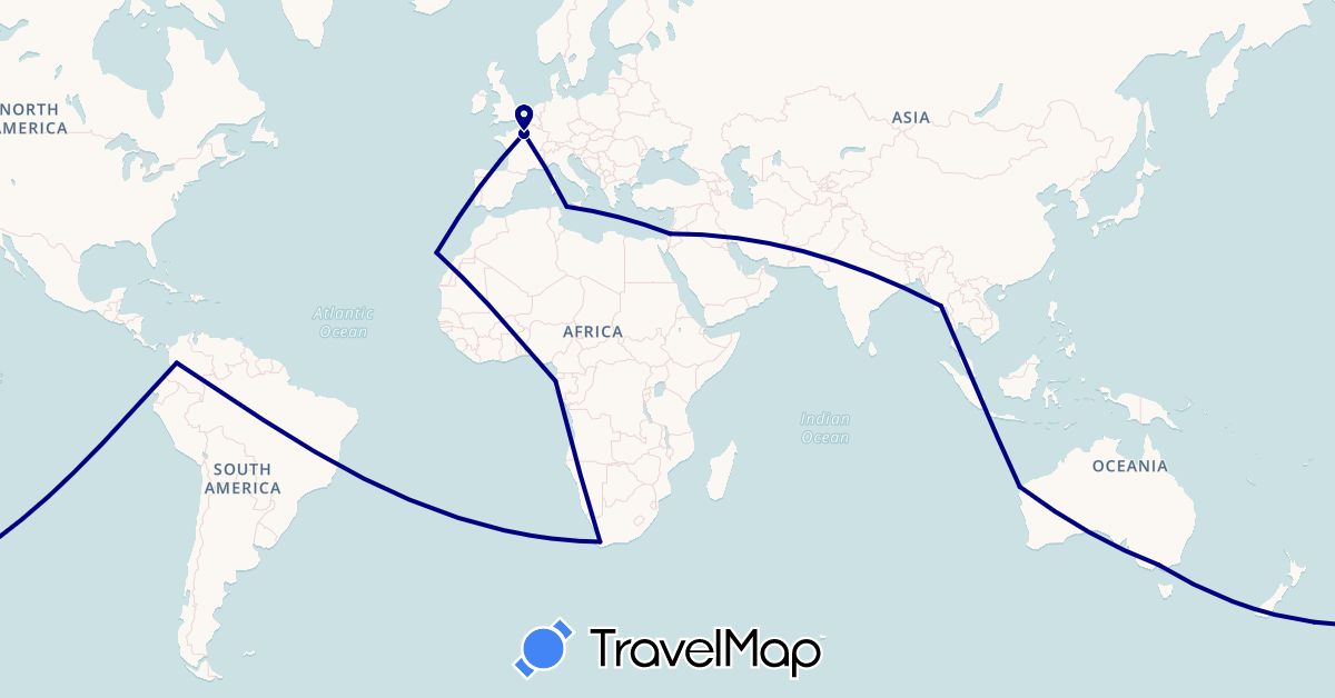 TravelMap itinerary: driving in Australia, Colombia, Spain, France, Gabon, Israel, Italy, Myanmar (Burma), South Africa (Africa, Asia, Europe, Oceania, South America)